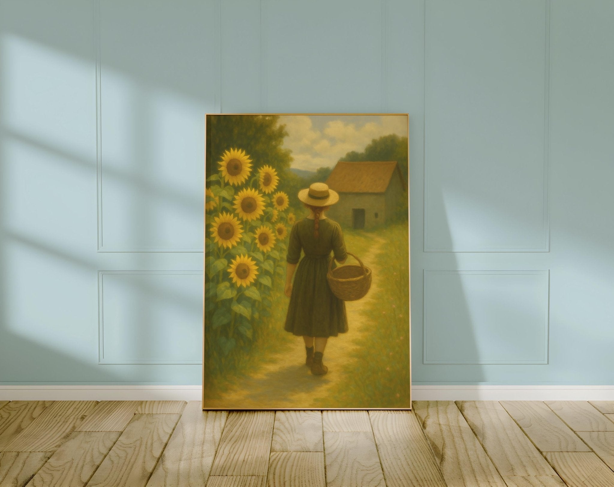 Cottagecore Sunflower Girl Print – Rustic Country Wall Art, Vintage - Style Farmhouse Decor, Romantic Pastoral Poster, Free Shipping Always - Just Great Posters