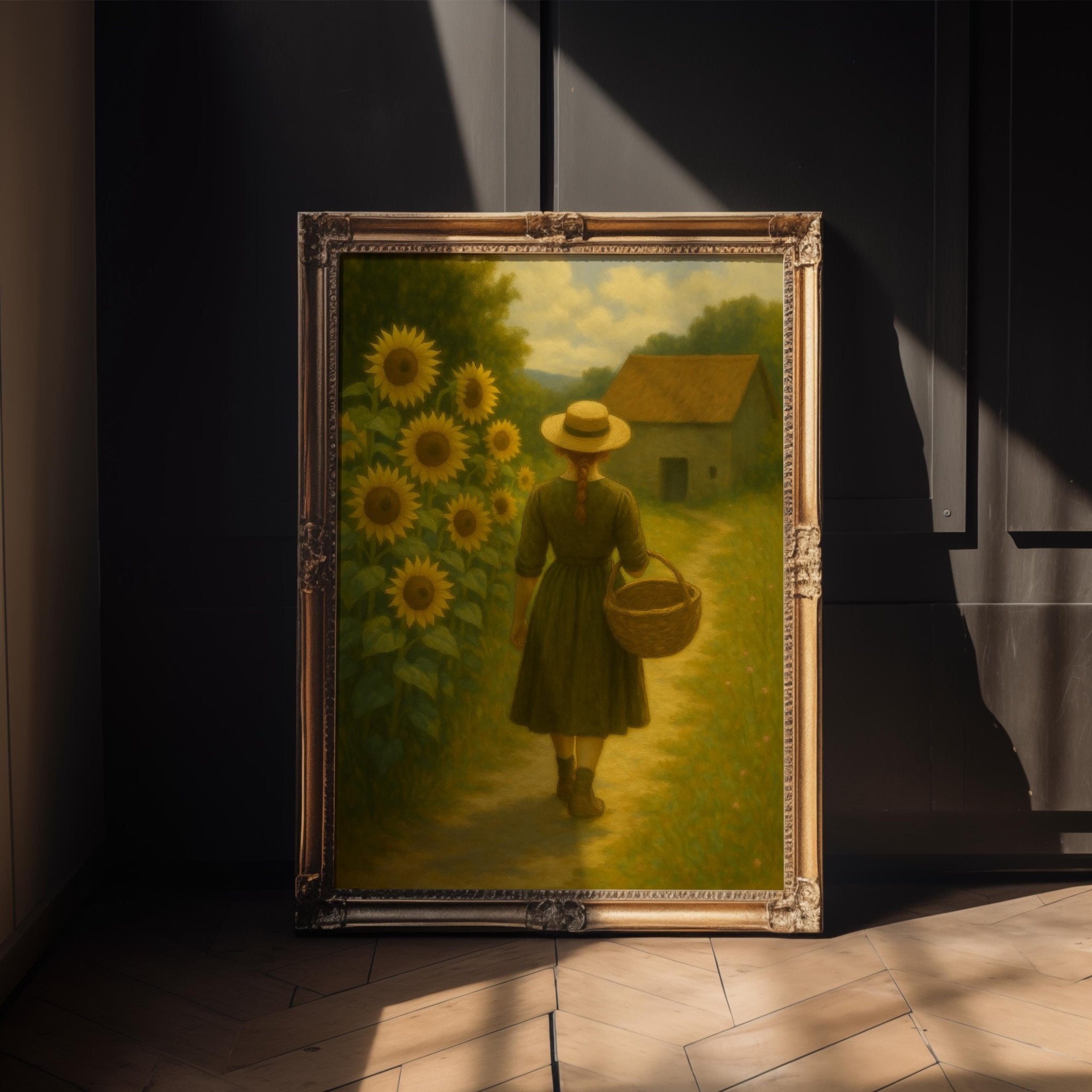 Cottagecore Sunflower Girl Print – Rustic Country Wall Art, Vintage - Style Farmhouse Decor, Romantic Pastoral Poster, Free Shipping Always - Just Great Posters