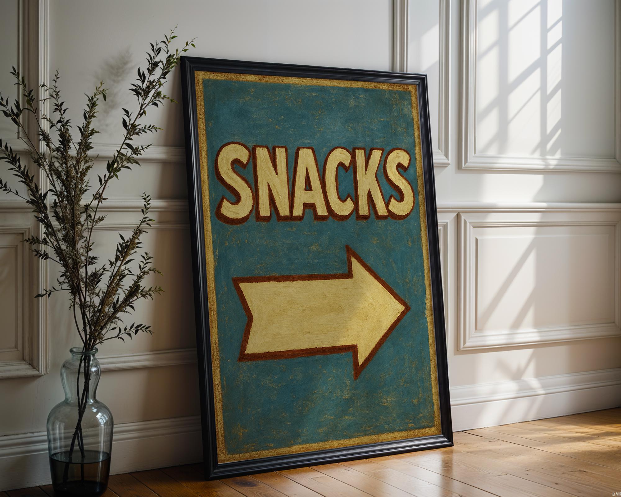 Retro Snacks Sign Poster – Vintage Diner Wall Art, Bold Yellow Arrow Print, 1950s - Inspired Kitchen Decor, Fun Gift for Food Lovers - Just Great Posters