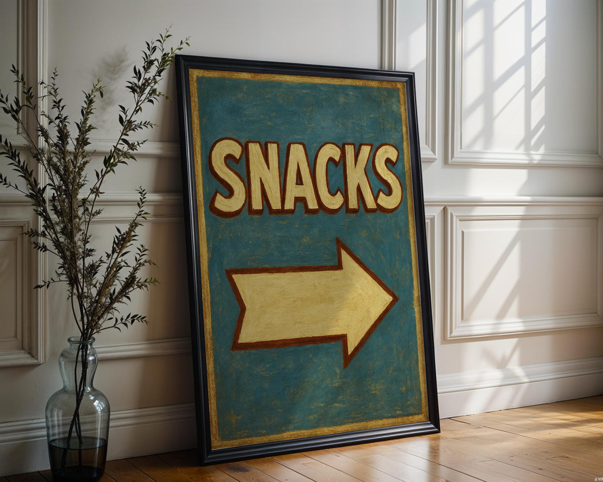 Retro Snacks Sign Poster – Vintage Diner Wall Art, Bold Yellow Arrow Print, 1950s - Inspired Kitchen Decor, Fun Gift for Food Lovers - Just Great Posters