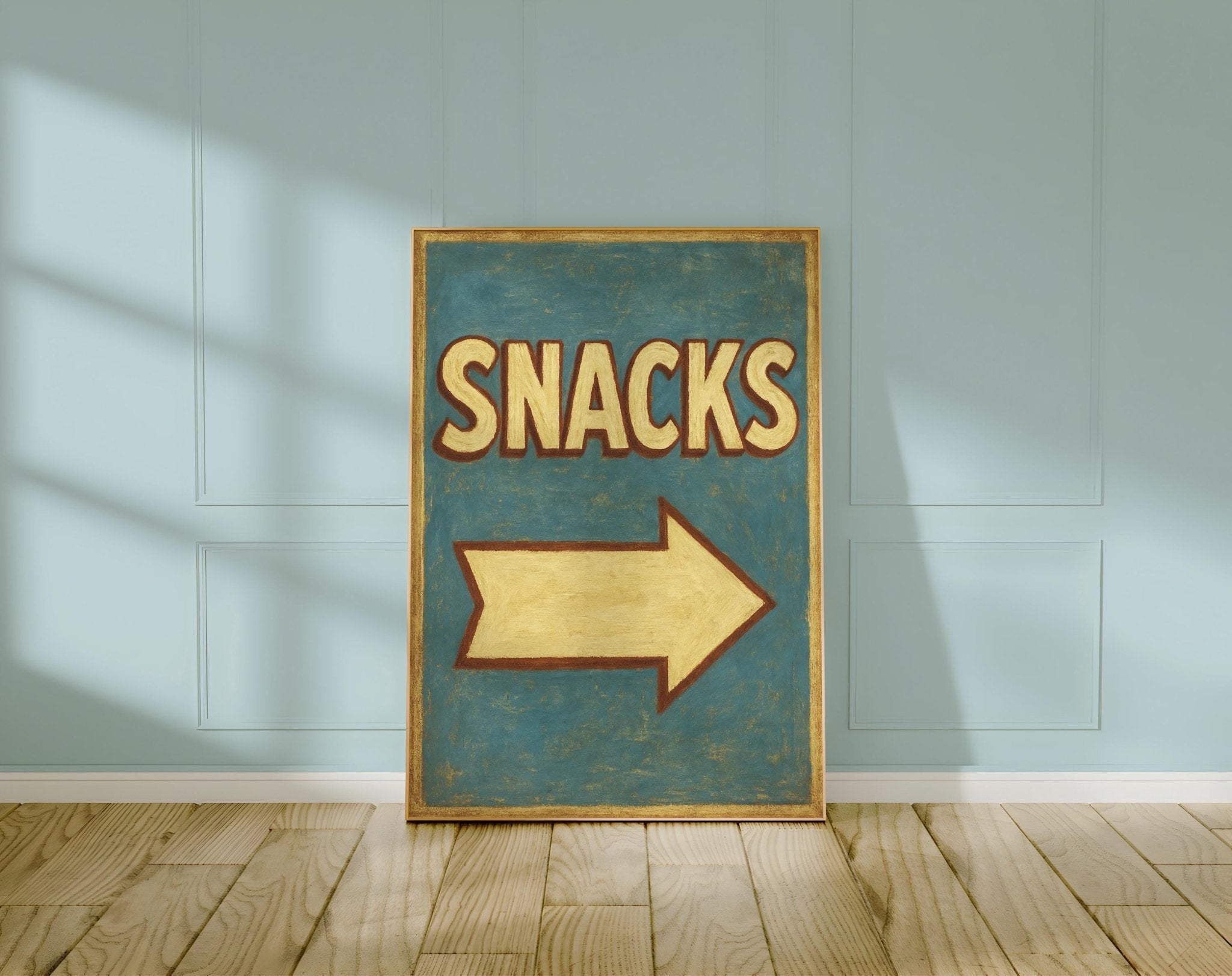 Retro Snacks Sign Poster – Vintage Diner Wall Art, Bold Yellow Arrow Print, 1950s - Inspired Kitchen Decor, Fun Gift for Food Lovers - Just Great Posters