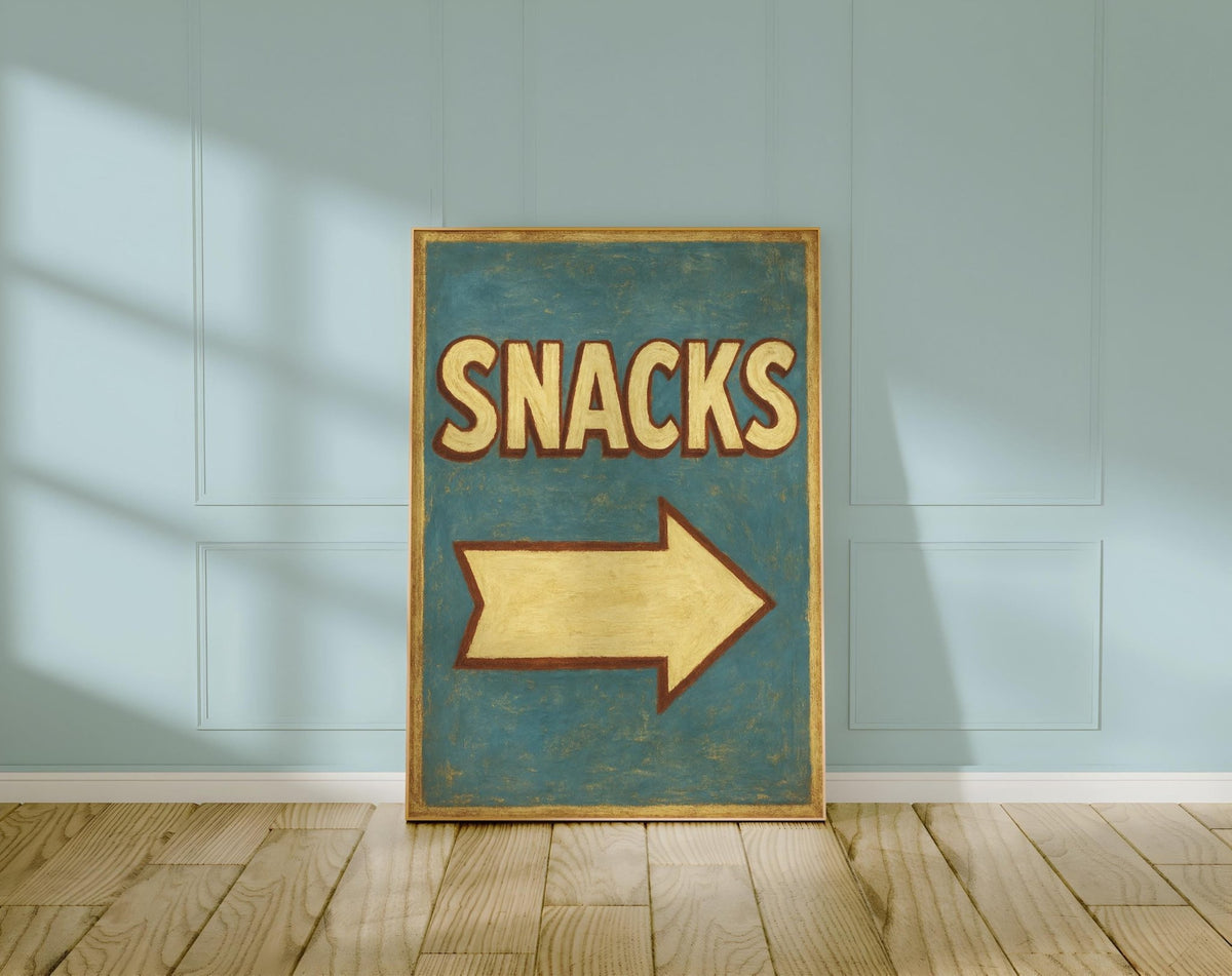 Retro Snacks Sign Poster – Vintage Diner Wall Art, Bold Yellow Arrow Print, 1950s - Inspired Kitchen Decor, Fun Gift for Food Lovers - Just Great Posters