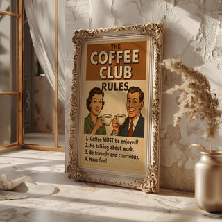Retro Coffee Club Rules Poster – Vintage Café Wall Art, Funny Coffee Bar Decor, Kitchen Humor Print, Coffee Lover Gift, Free Shipping Always - Just Great Posters