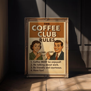 Retro Coffee Club Rules Poster – Vintage Café Wall Art, Funny Coffee Bar Decor, Kitchen Humor Print, Coffee Lover Gift, Free Shipping Always - Just Great Posters