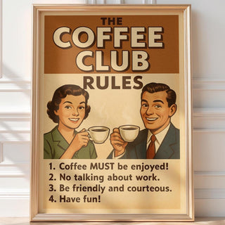 Retro Coffee Club Rules Poster – Vintage Café Wall Art, Funny Coffee Bar Decor, Kitchen Humor Print, Coffee Lover Gift, Free Shipping Always - Just Great Posters