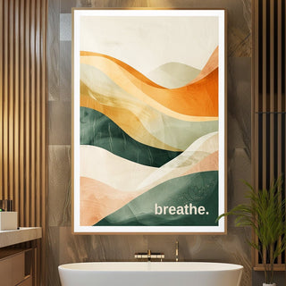 Modern bathroom interior with a freestanding bathtub, decorative wall art, and wooden accents.