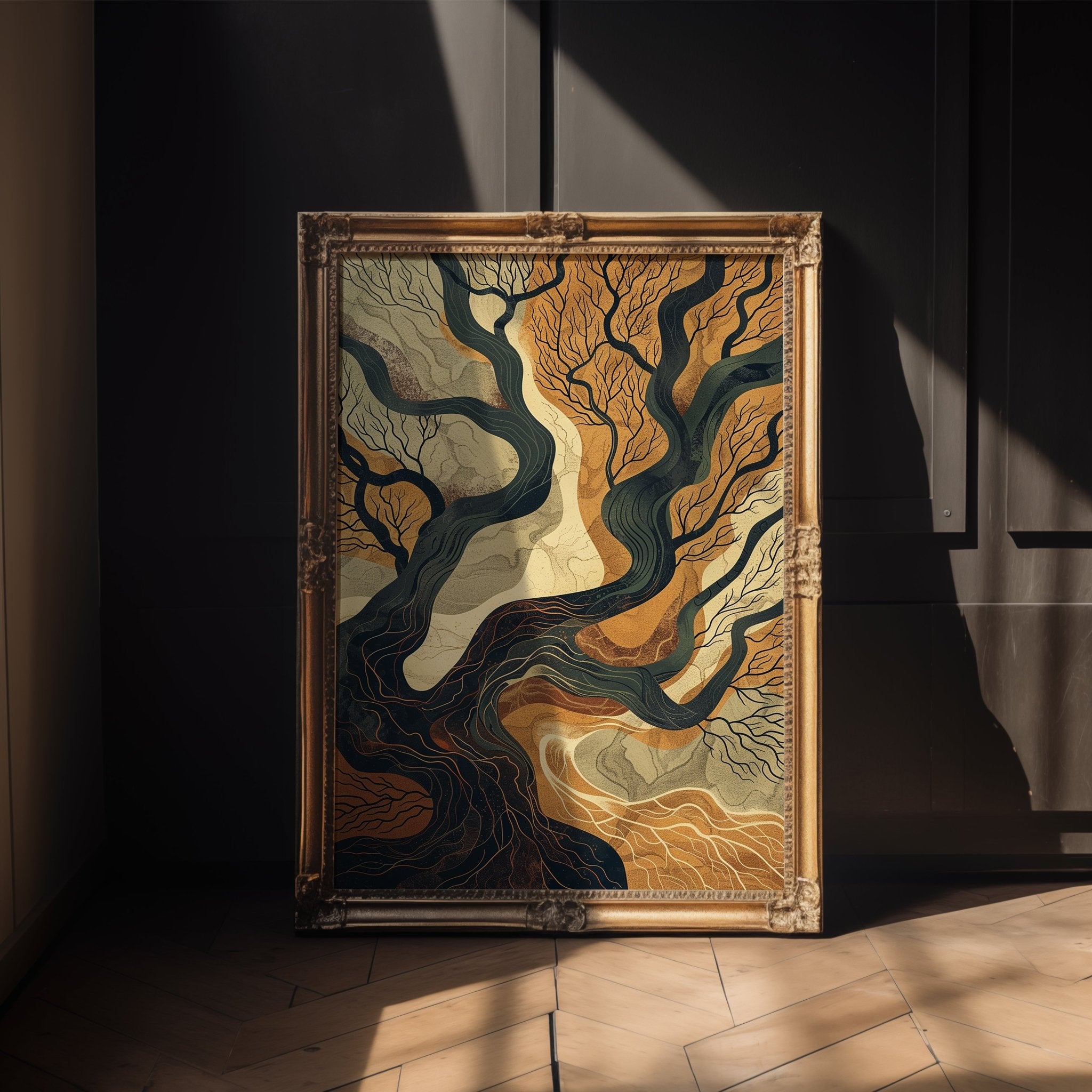 “Rooted Currents” – Abstract Earth Map Tree Art Print - Just Great Posters