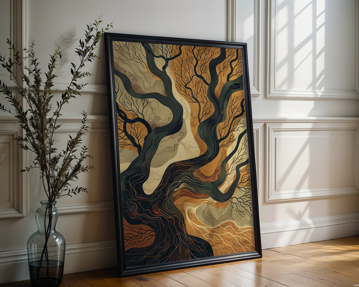 “Rooted Currents” – Abstract Earth Map Tree Art Print - Just Great Posters
