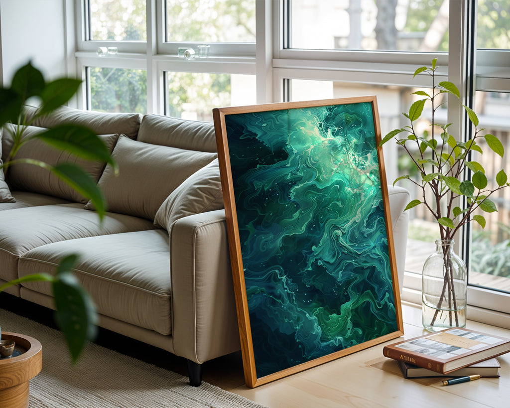 Dark Ocean Abstract Wall Art – Moody Blue and Cream Wave Texture Print - Just Great Posters
