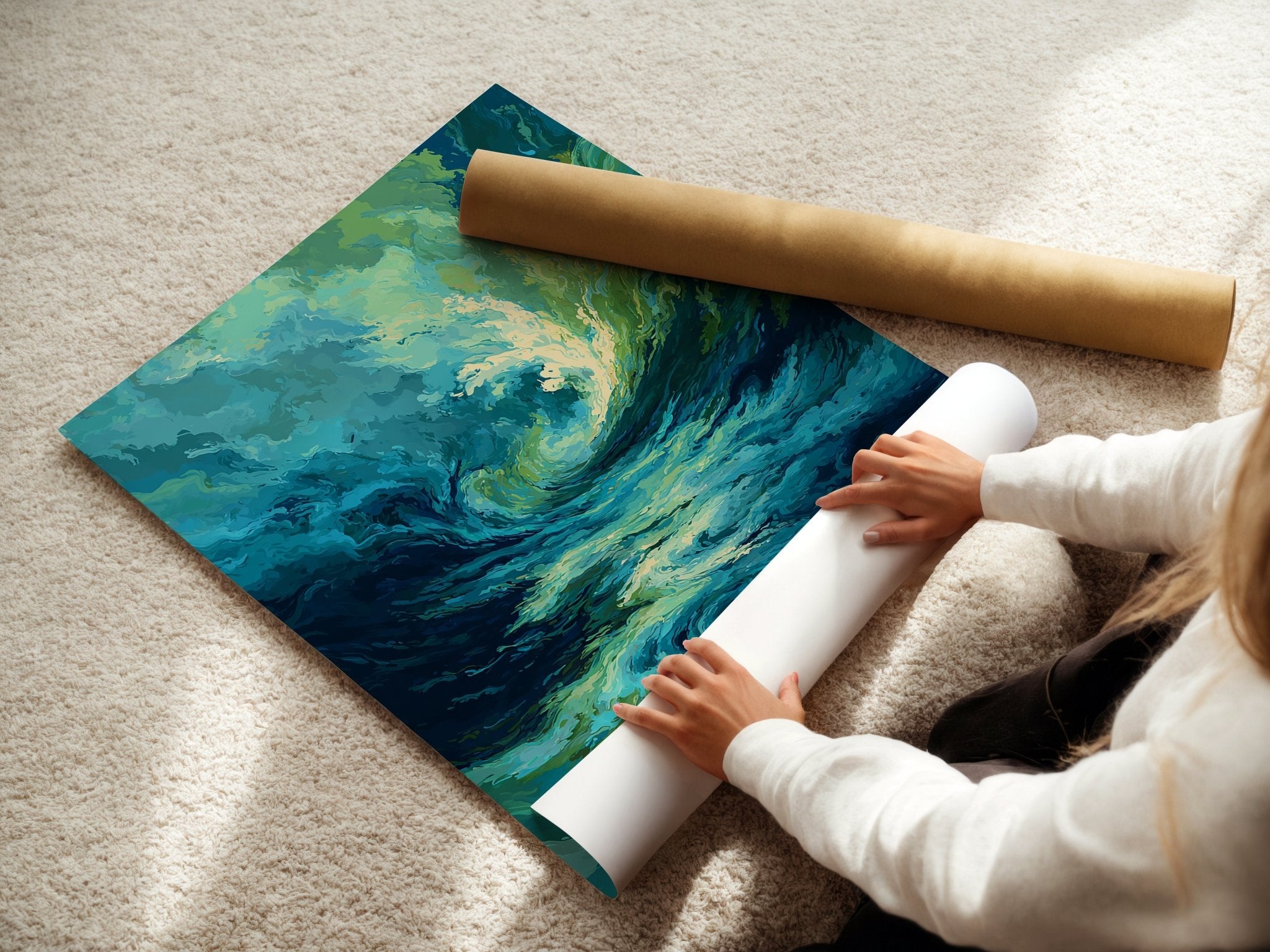 Abstract Ocean Wave Wall Art – Moody Teal & Emerald Swirl Print for Modern Interiors - Just Great Posters