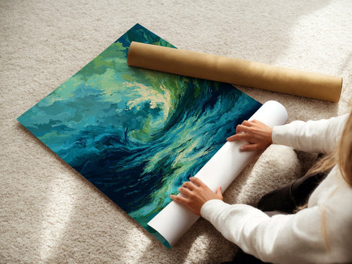 Abstract Ocean Wave Wall Art – Moody Teal & Emerald Swirl Print for Modern Interiors - Just Great Posters