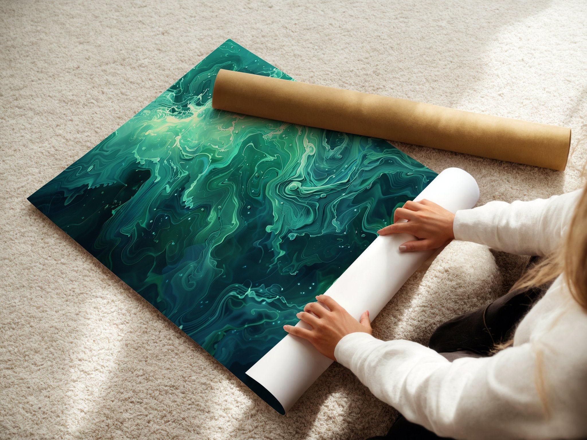 Dark Ocean Abstract Wall Art – Moody Blue and Cream Wave Texture Print - Just Great Posters