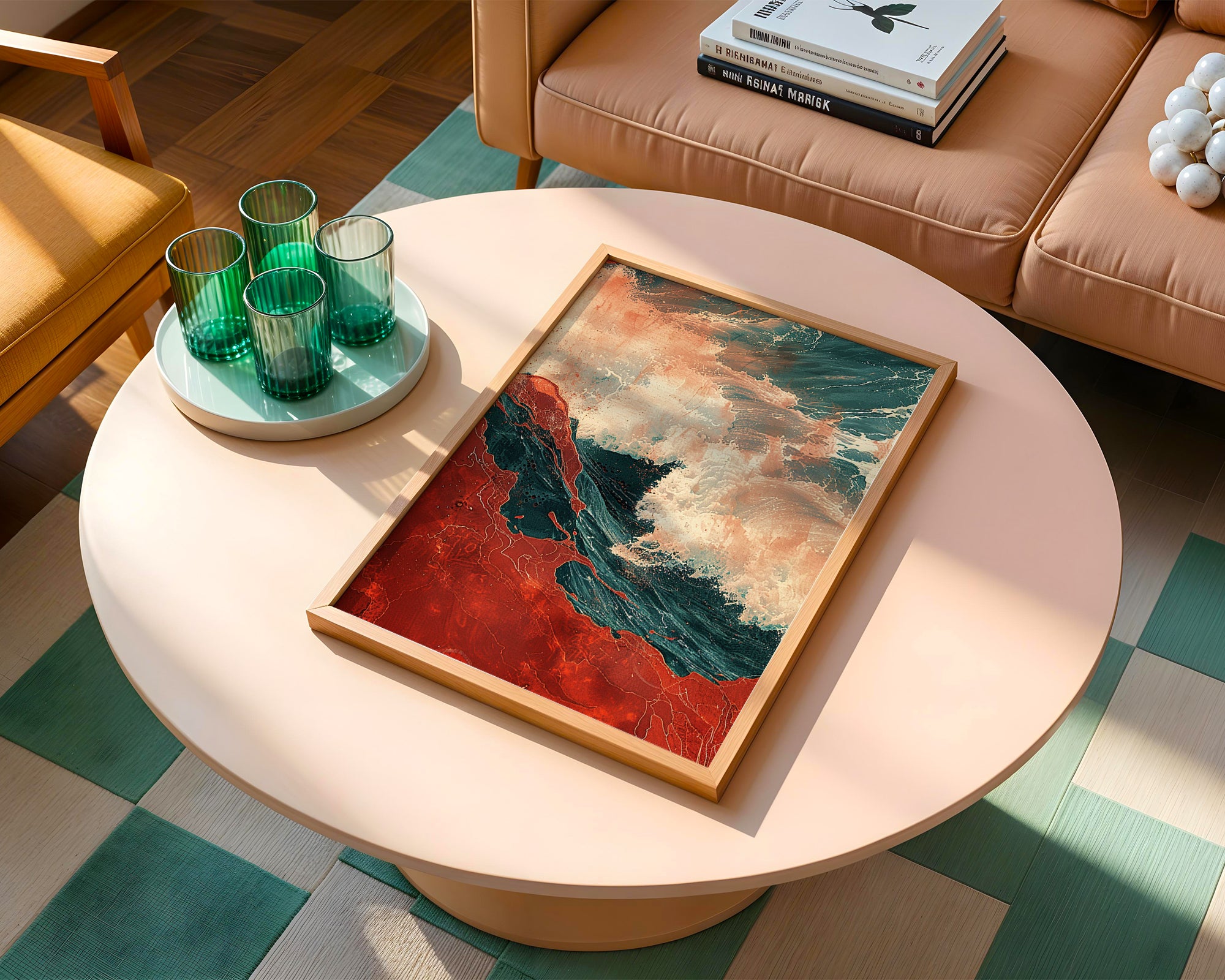 Abstract Red and Teal Wave Art Print – Bold Coastal Wall Decor with Movement - Just Great Posters