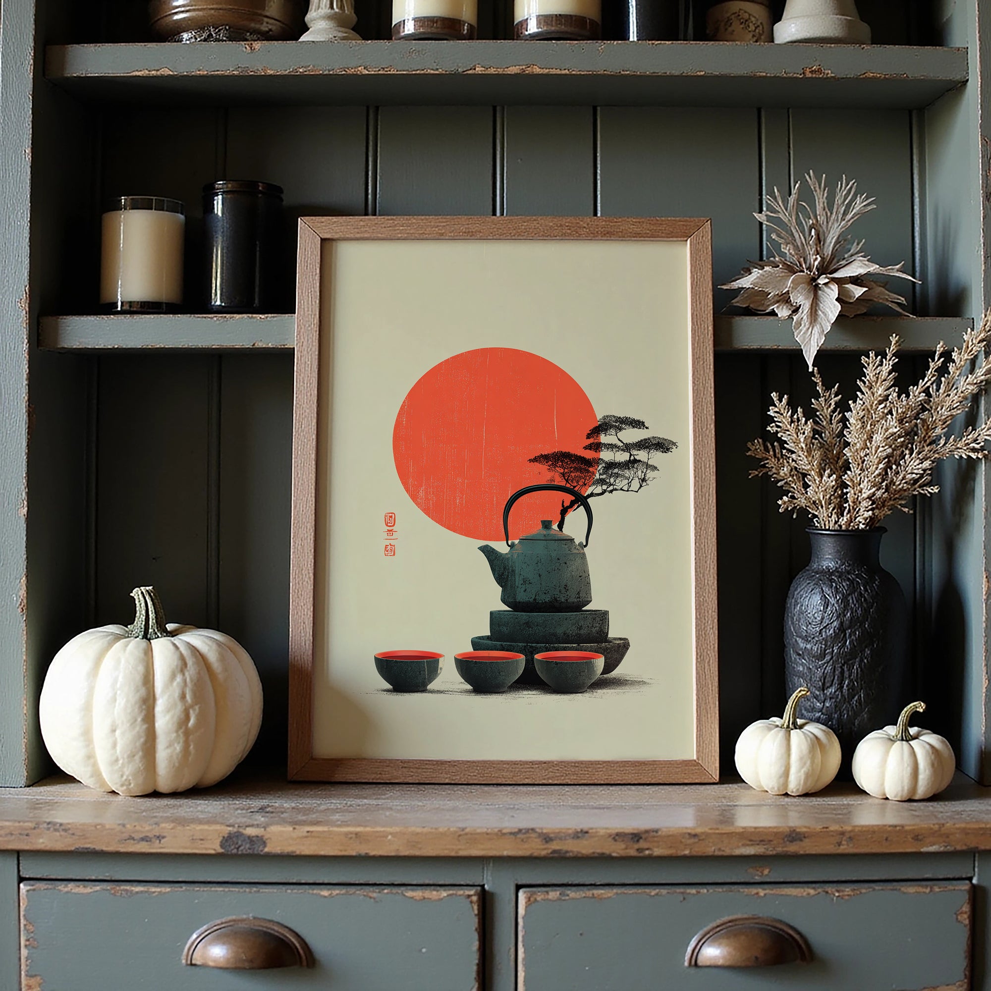 Red Sun & Teapot Poster – Japanese Minimal Autumn Print - Just Great Posters