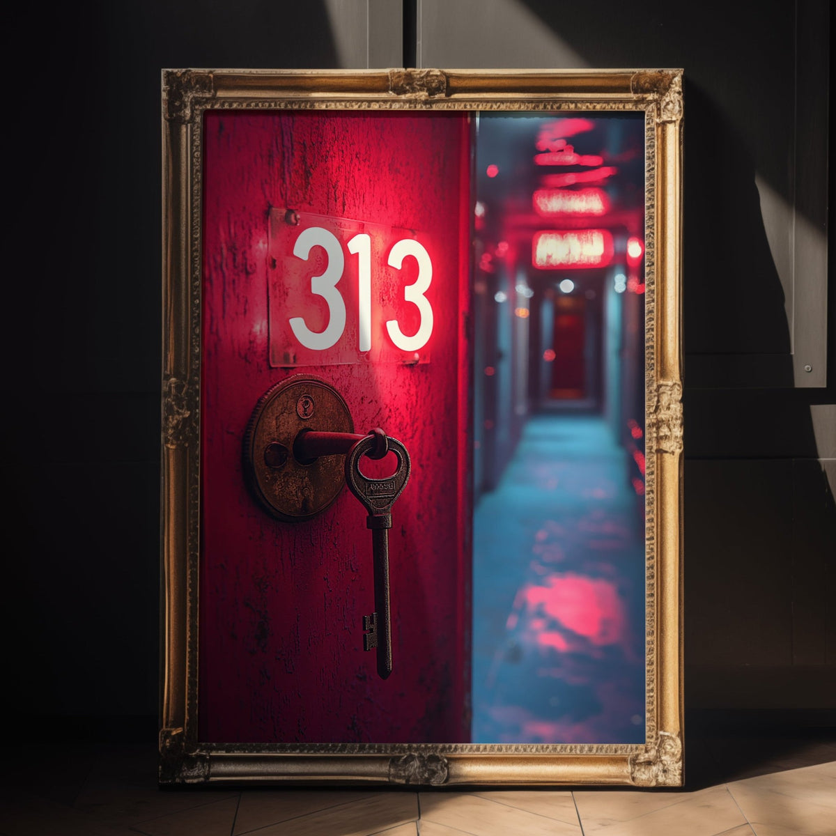 Red door with number 313 and keyhole framed by a gold border, with a blurred hallway in the background.

