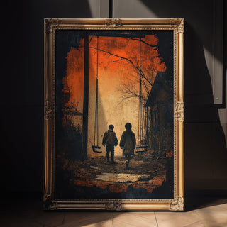 Framed artwork of two silhouetted figures walking in a forest with an orange sky.


