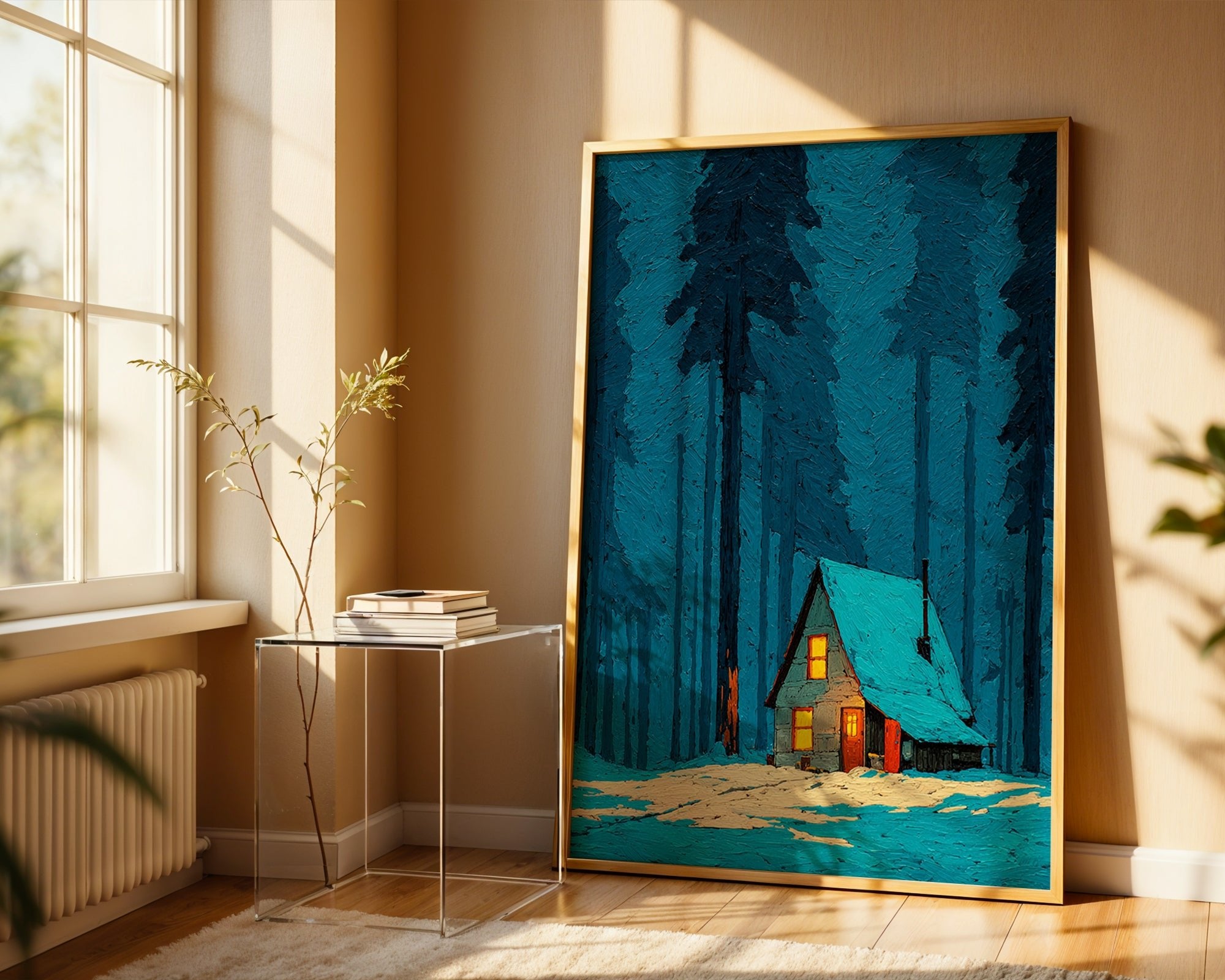 Cozy Winter Cabin poster mockup shown on a gallery wall