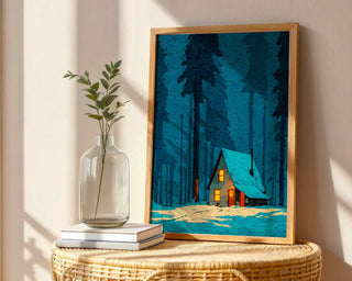 Cozy Winter Cabin Art Print – Snowy Forest Wall Art for Winter Decor - Just Great Posters