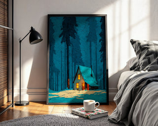Cozy Winter Cabin Art Print – Snowy Forest Wall Art for Winter Decor - Just Great Posters
