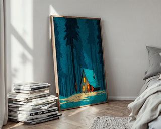 Cozy Winter Cabin Art Print – Snowy Forest Wall Art for Winter Decor - Just Great Posters