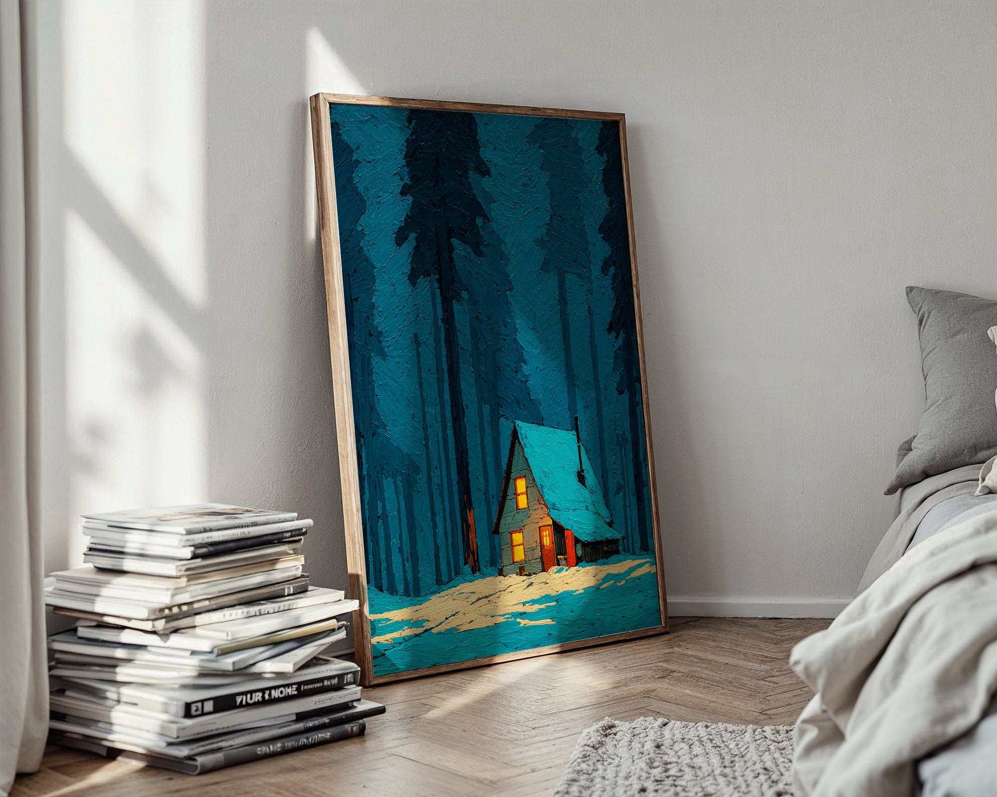 Cozy Winter Cabin poster shown from a different angle