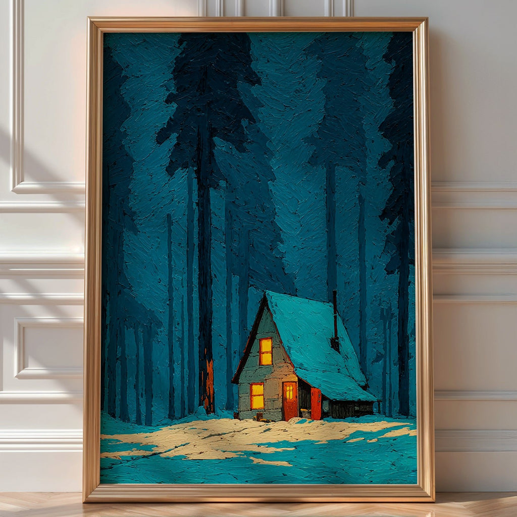 Frontal view of a small wooden cabin with glowing windows in a snowy forest at dusk