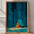 Frontal view of a small wooden cabin with glowing windows in a snowy forest at dusk