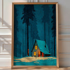 Frontal view of a small wooden cabin with glowing windows in a snowy forest at dusk