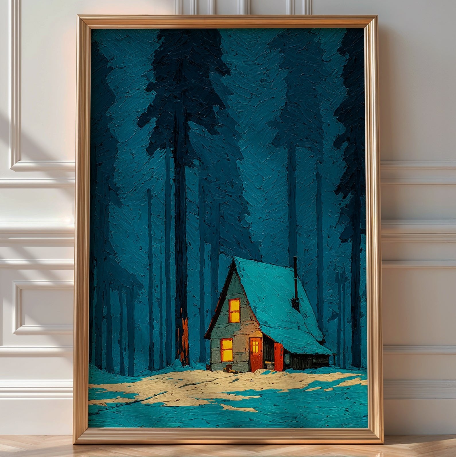 Frontal view of a small wooden cabin with glowing windows in a snowy forest at dusk