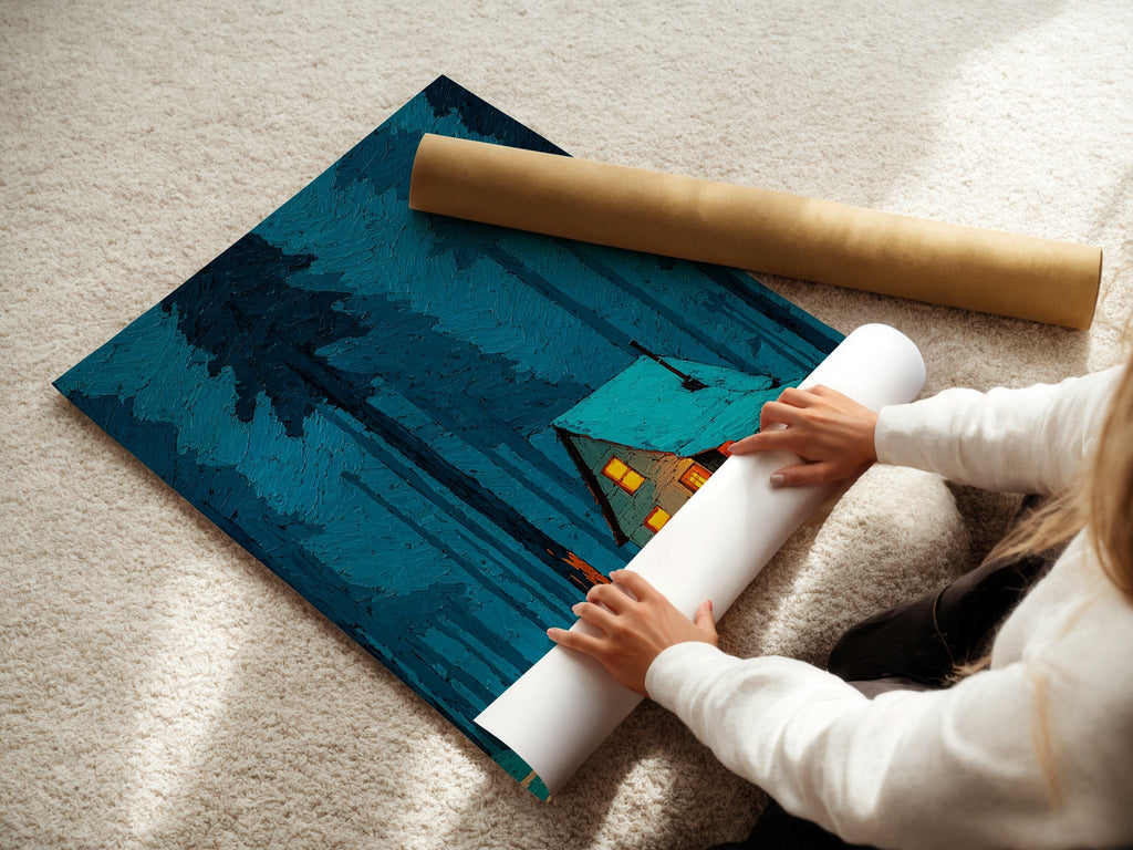 Cozy Winter Cabin poster displayed in a styled room setting