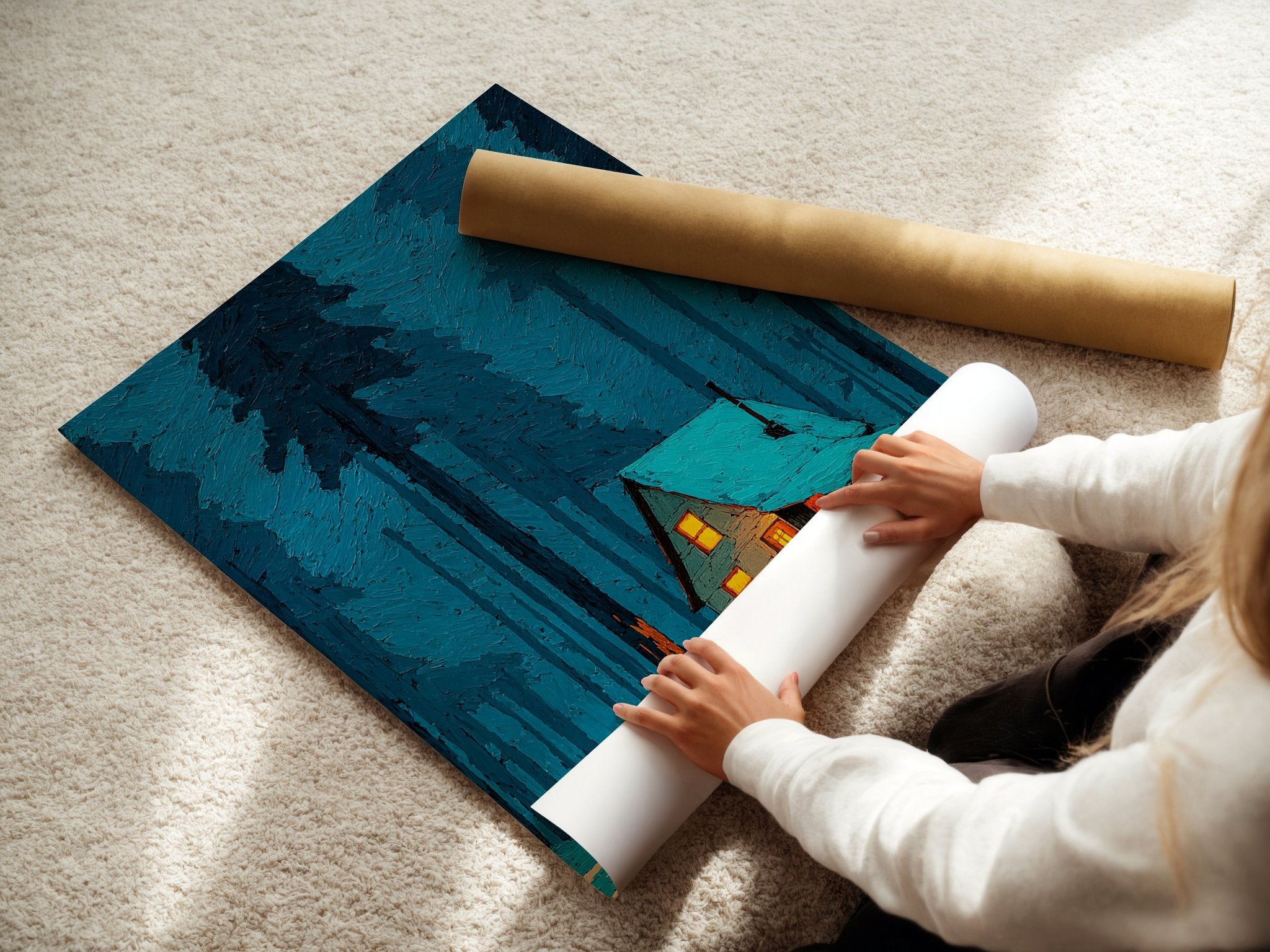 Cozy Winter Cabin poster displayed in a styled room setting