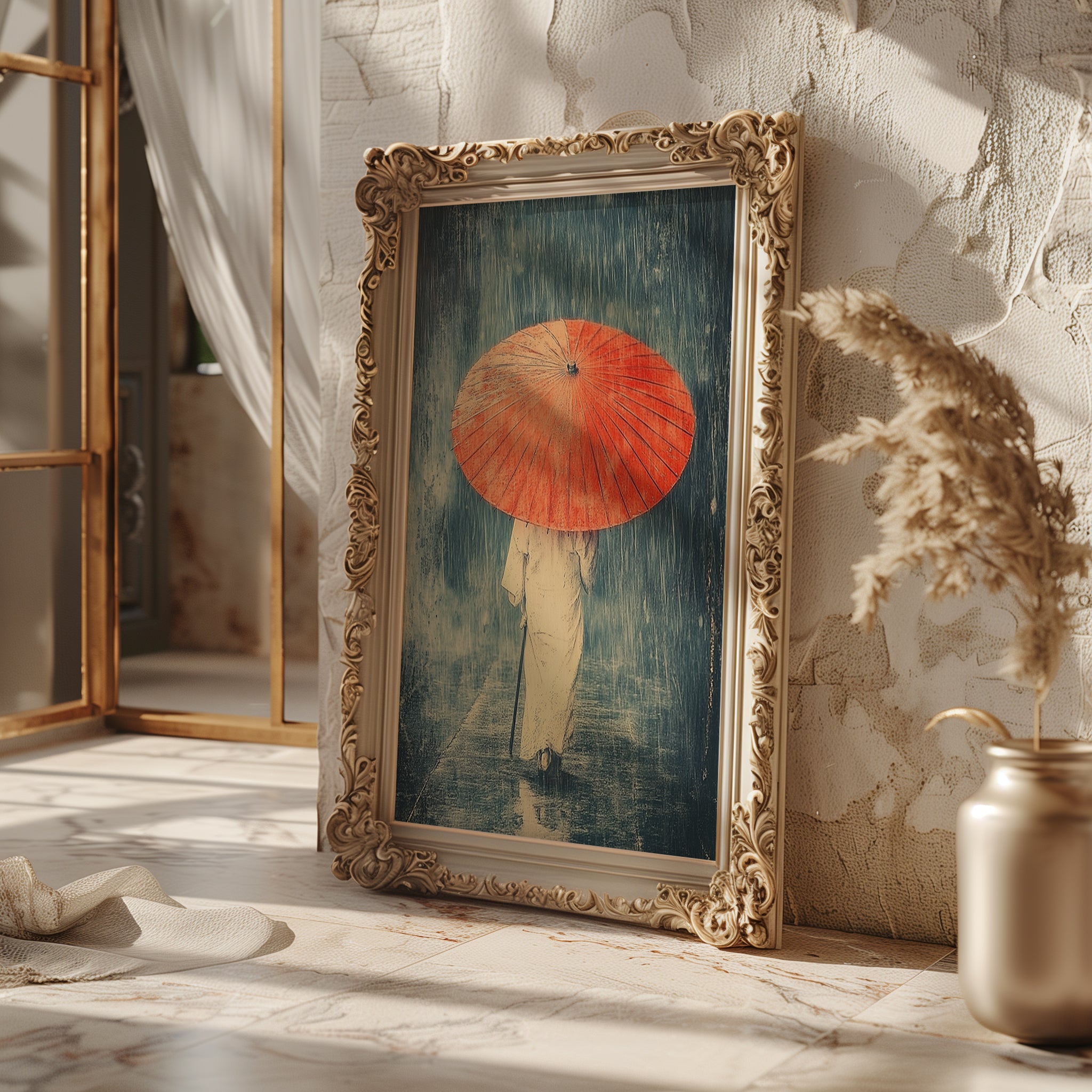 Red Umbrella Silence – Japanese Rainwalk Art Print - Just Great Posters