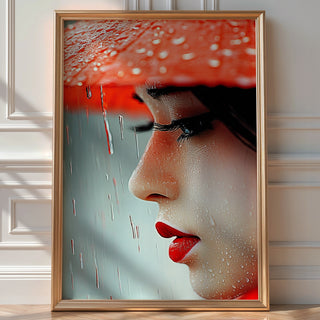 Crimson Rain – Close - Up Portrait in Red and Raindrops - Just Great Posters