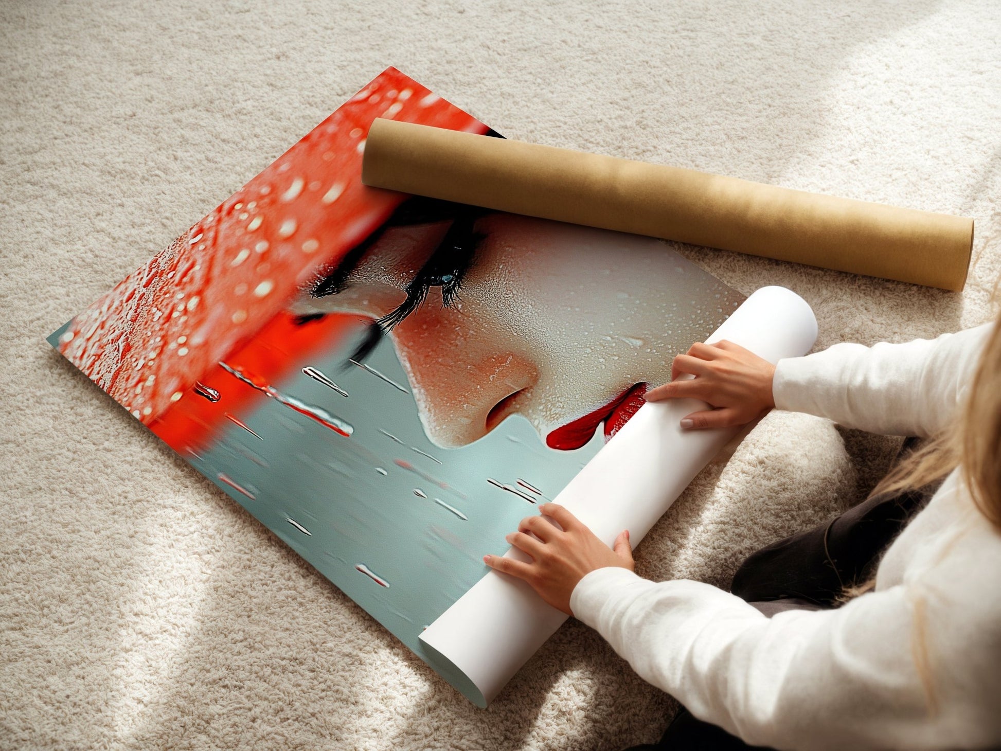 Crimson Rain – Close - Up Portrait in Red and Raindrops - Just Great Posters