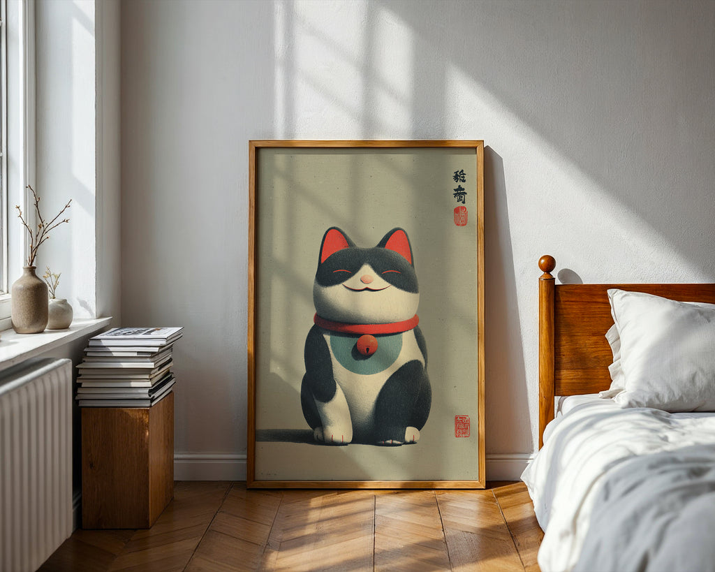 Lucky Cat Minimalist Print – Modern Maneki‑Neko Charm - Just Great Posters
