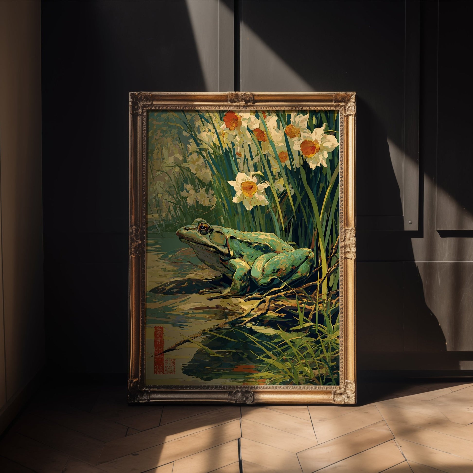 Spring Watcher – Frog and Daffodils Japanese Garden Art Print - Just Great Posters