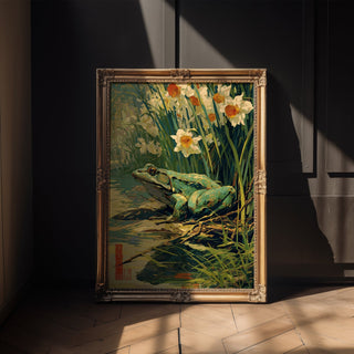 Spring Watcher – Frog and Daffodils Japanese Garden Art Print - Just Great Posters