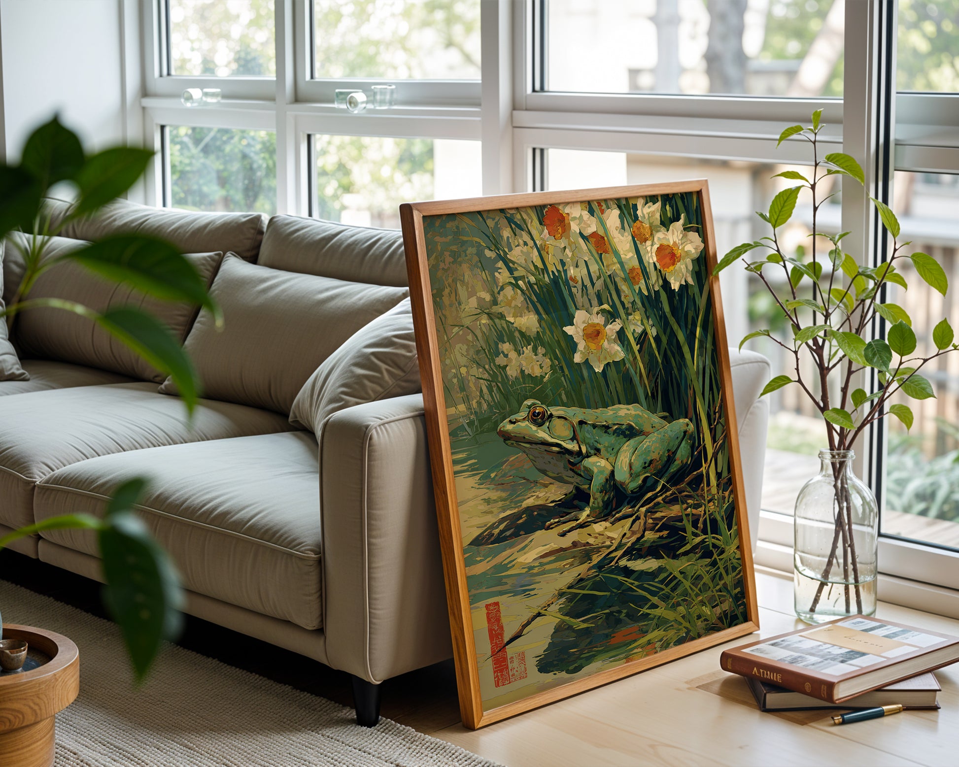 Spring Watcher – Frog and Daffodils Japanese Garden Art Print - Just Great Posters