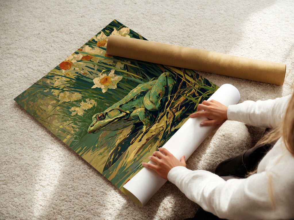 Spring Watcher – Frog and Daffodils Japanese Garden Art Print - Just Great Posters