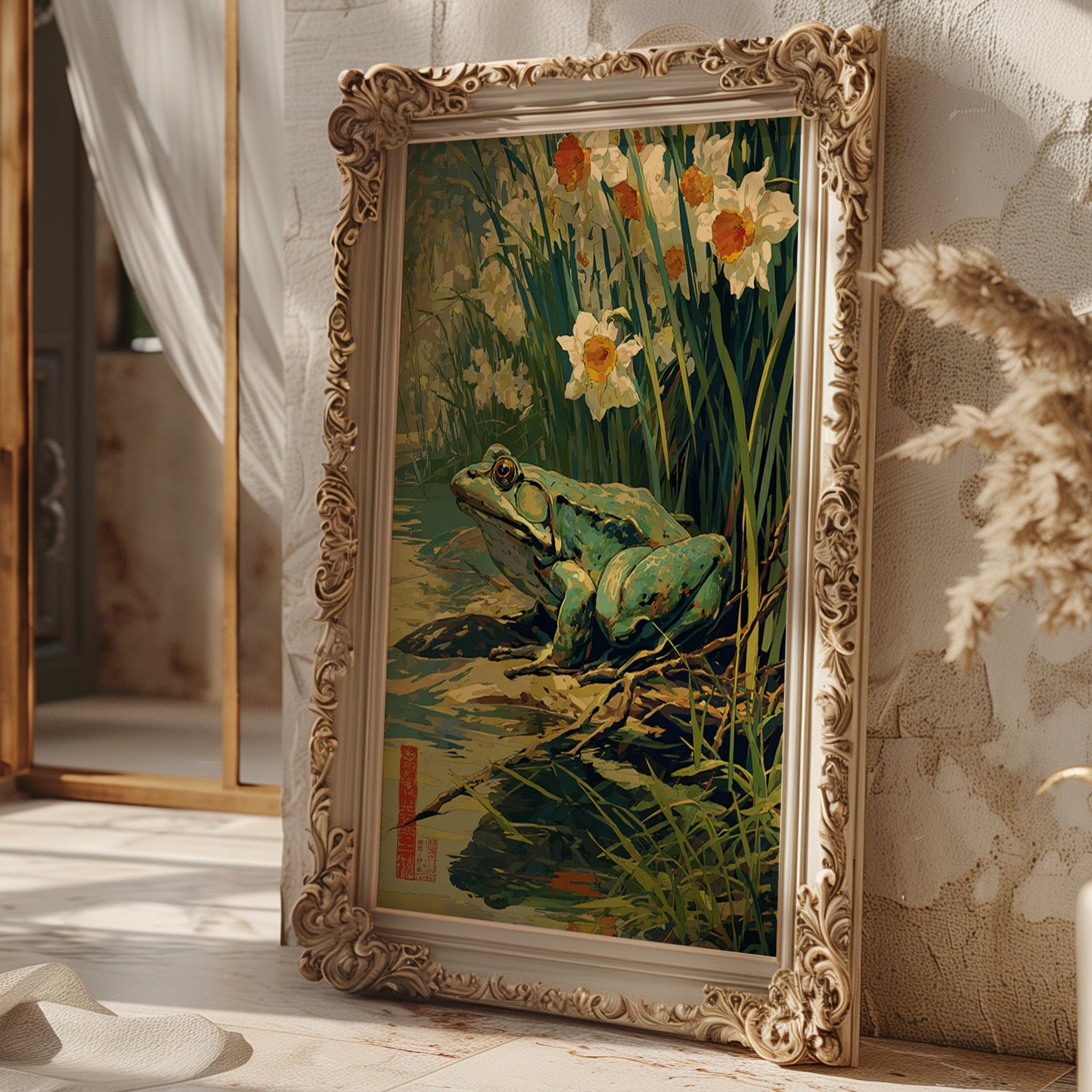 Spring Watcher – Frog and Daffodils Japanese Garden Art Print - Just Great Posters