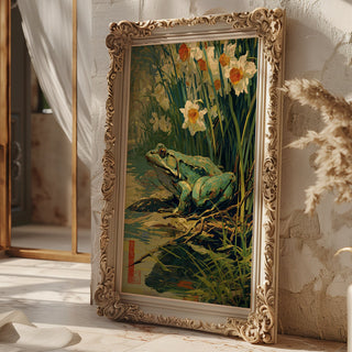 Spring Watcher – Frog and Daffodils Japanese Garden Art Print - Just Great Posters