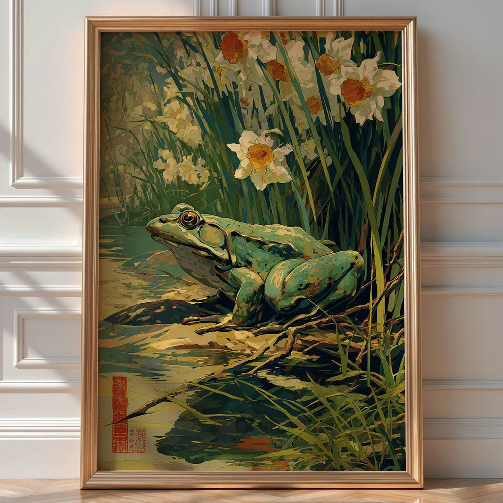 Spring Watcher – Frog and Daffodils Japanese Garden Art Print - Just Great Posters