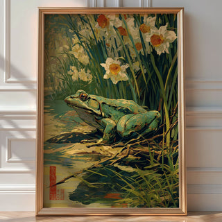 Spring Watcher – Frog and Daffodils Japanese Garden Art Print - Just Great Posters