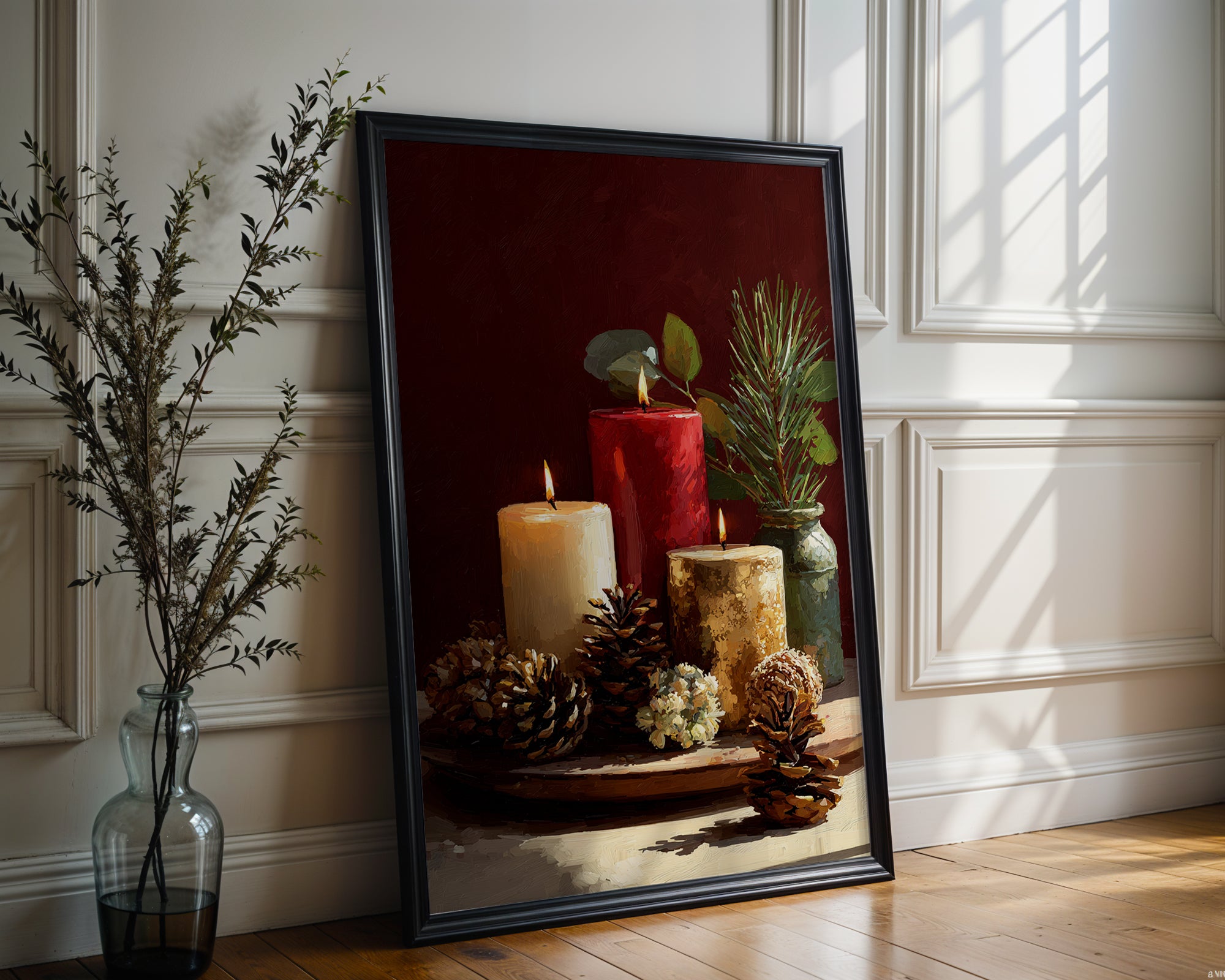Holiday Candle Still Life poster mockup shown on a gallery wall