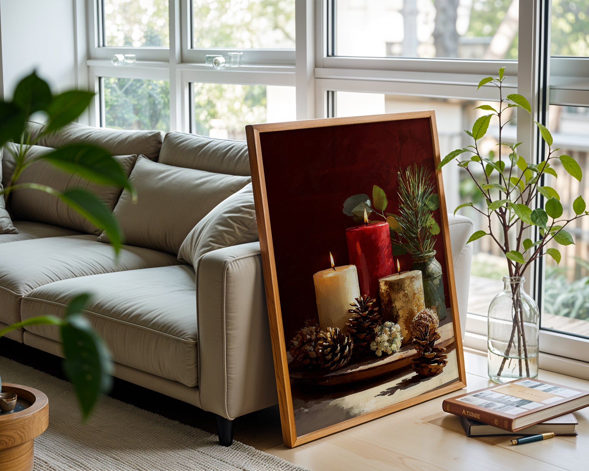 Holiday Candle Still Life poster displayed in a cosy interior setting