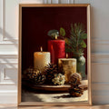 Minimal still life of candles and pine cones on a warm-toned table, holiday decor print