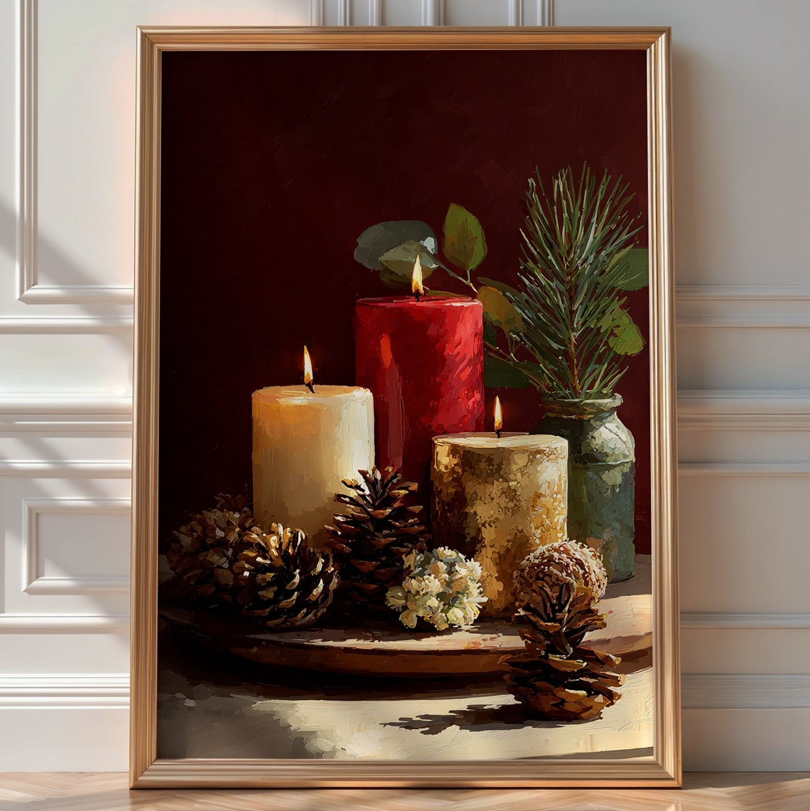 Minimal still life of candles and pine cones on a warm-toned table, holiday decor print