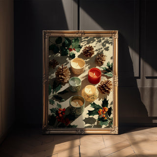 Festive Candle Flatlay Print – Modern Christmas Wall Art with Holly and Pinecones - Just Great Posters