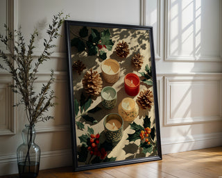 Festive Candle Flatlay Print – Modern Christmas Wall Art with Holly and Pinecones - Just Great Posters