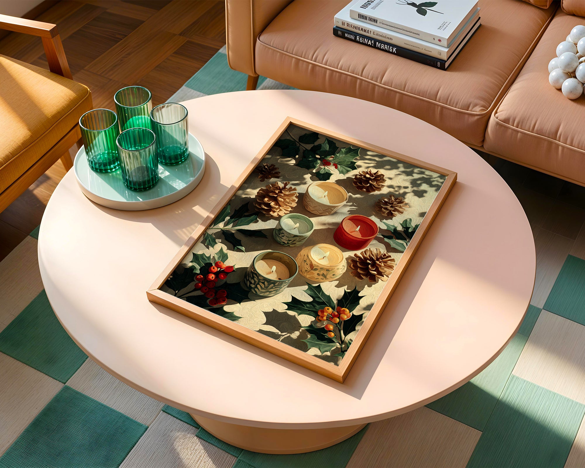 Festive Candle Flatlay poster displayed in a cosy interior setting